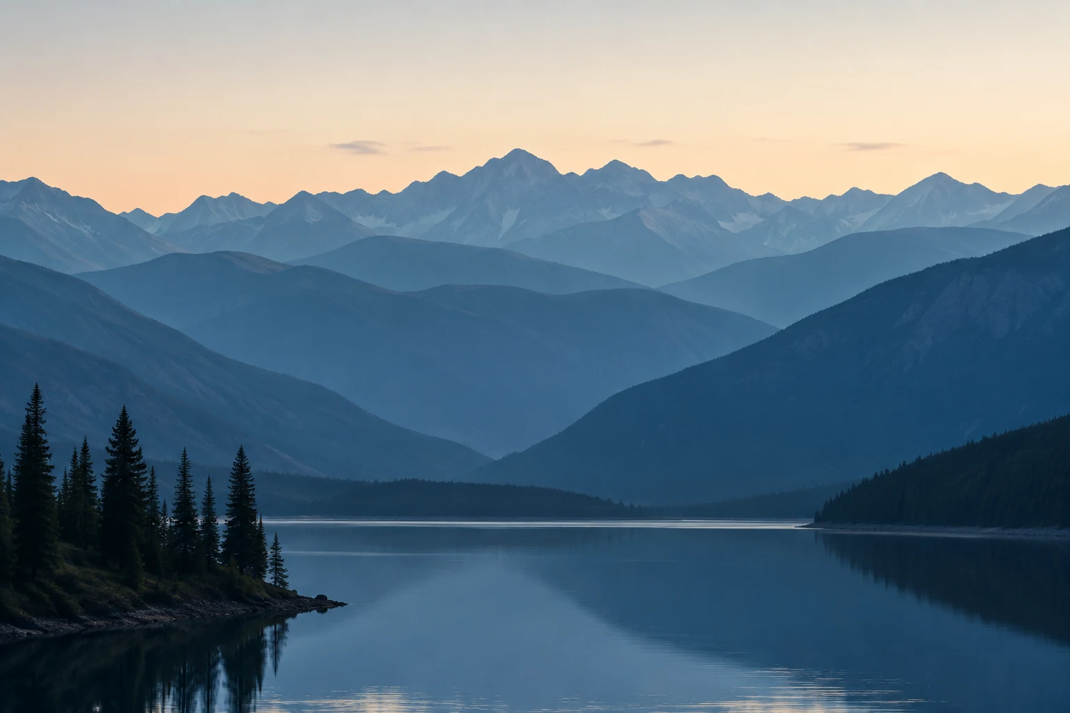 Still mountain lake beneath layers of blue mountain ridges